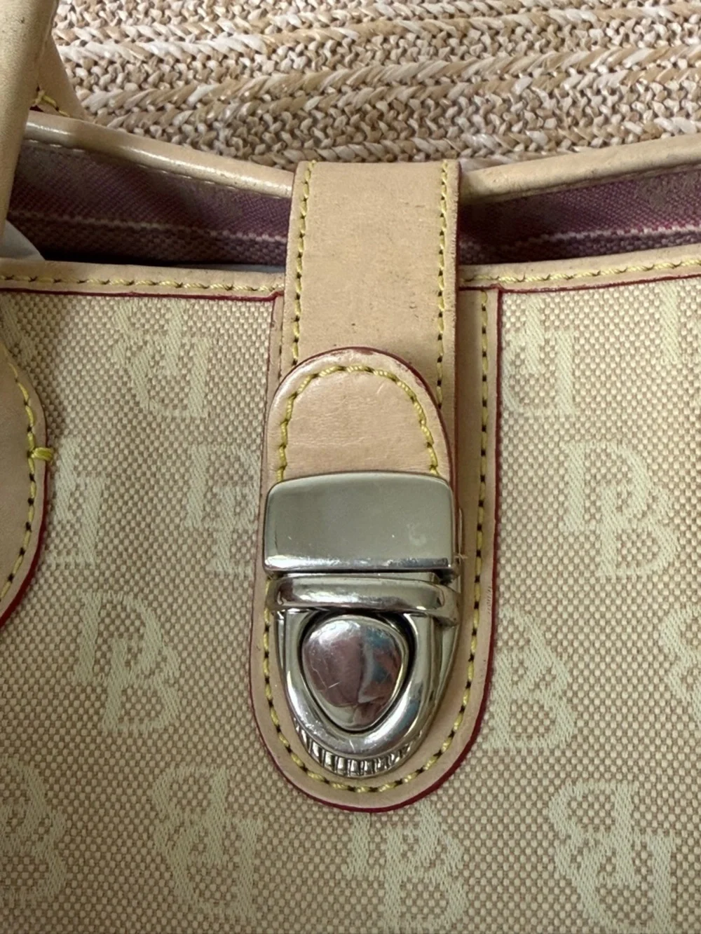 Dooney&Bourke Signature Canvas Satchel Handbag Beige Vachetta Leather Trim Vtg